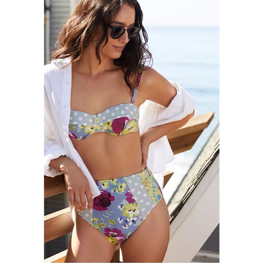 NEW Anthropologie Floral Polka Dot Strapless High-Waisted Bikini X-Large